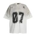 Men's black and white pure cotton short-sleeved printed t-shirt laid flat, showing sizes S M L XL.