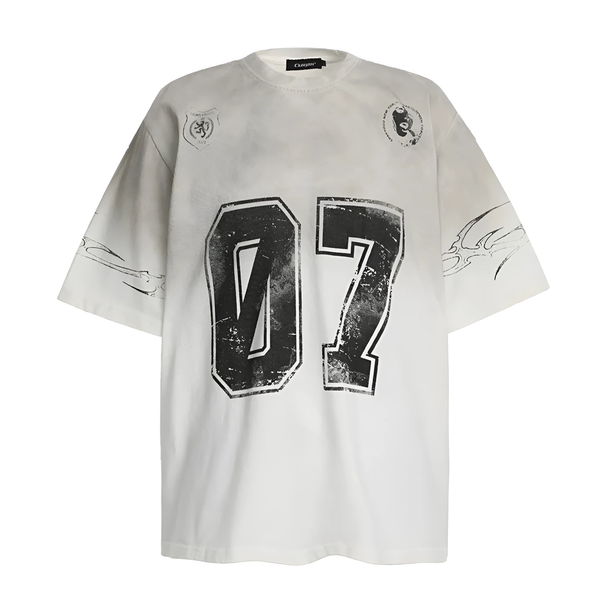 Men's black and white pure cotton short-sleeved printed t-shirt laid flat, showing sizes S M L XL.