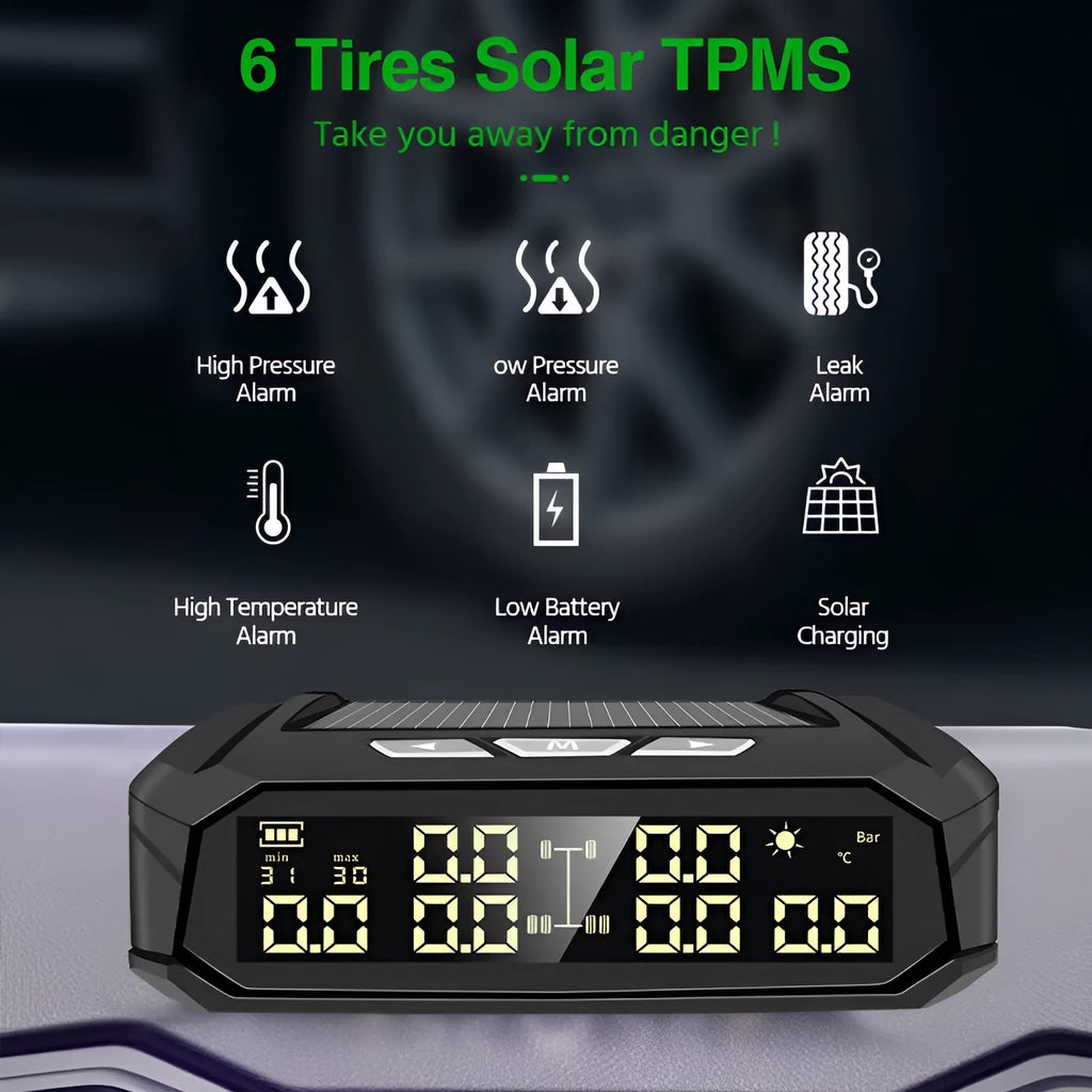 Solar-powered external tyre pressure monitor display unit with colour screen for six-wheel trucks