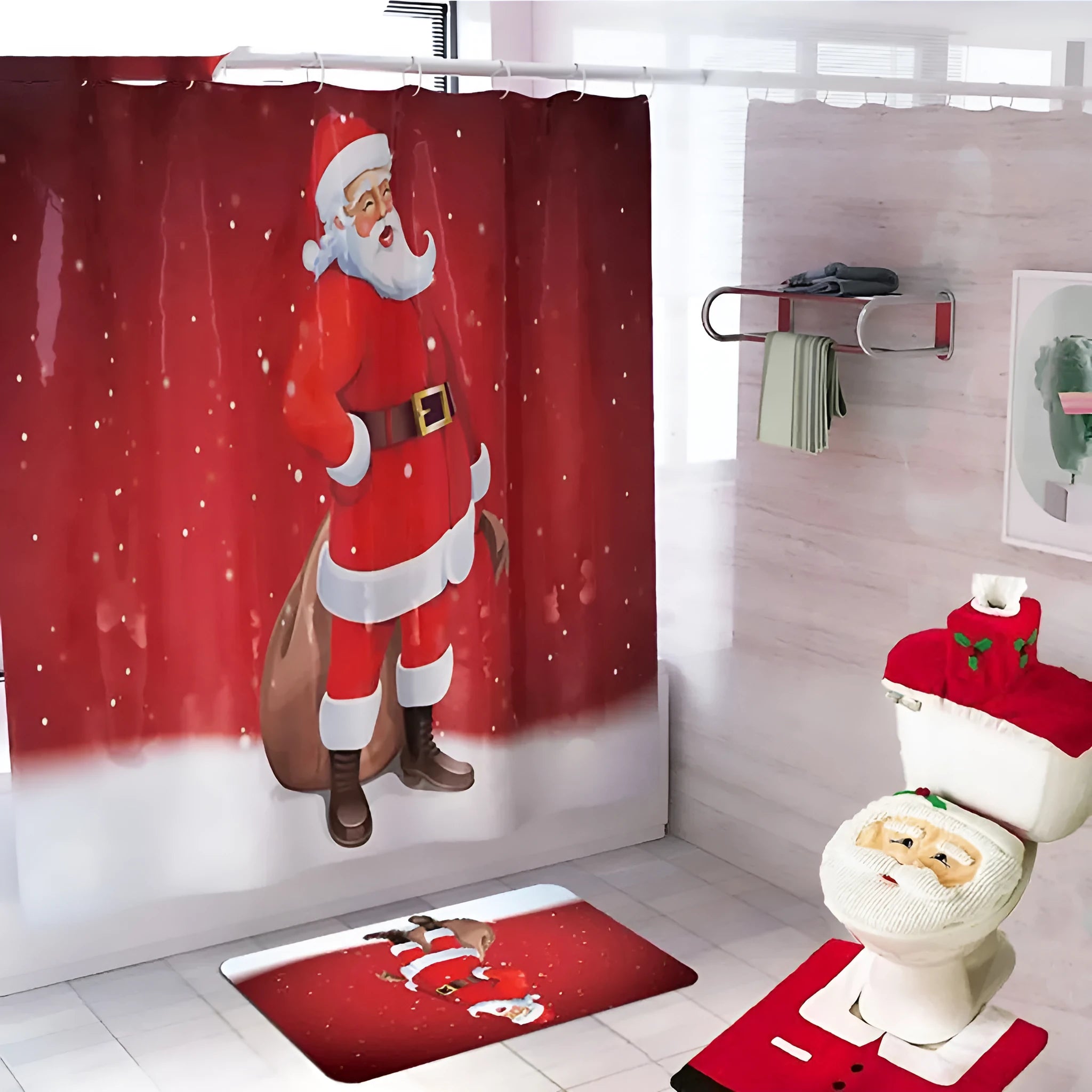 Christmas bathroom set with Santa Claus flannel shower curtain 150x200cm and matching toilet cover and floor mat
