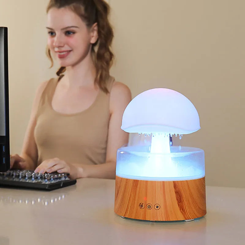 White cloud-shaped ultrasonic humidifier and aroma diffuser with rain simulation and night light