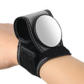 Black nylon wrist-mounted bicycle rear-view mirror shown on a cyclist's wrist.