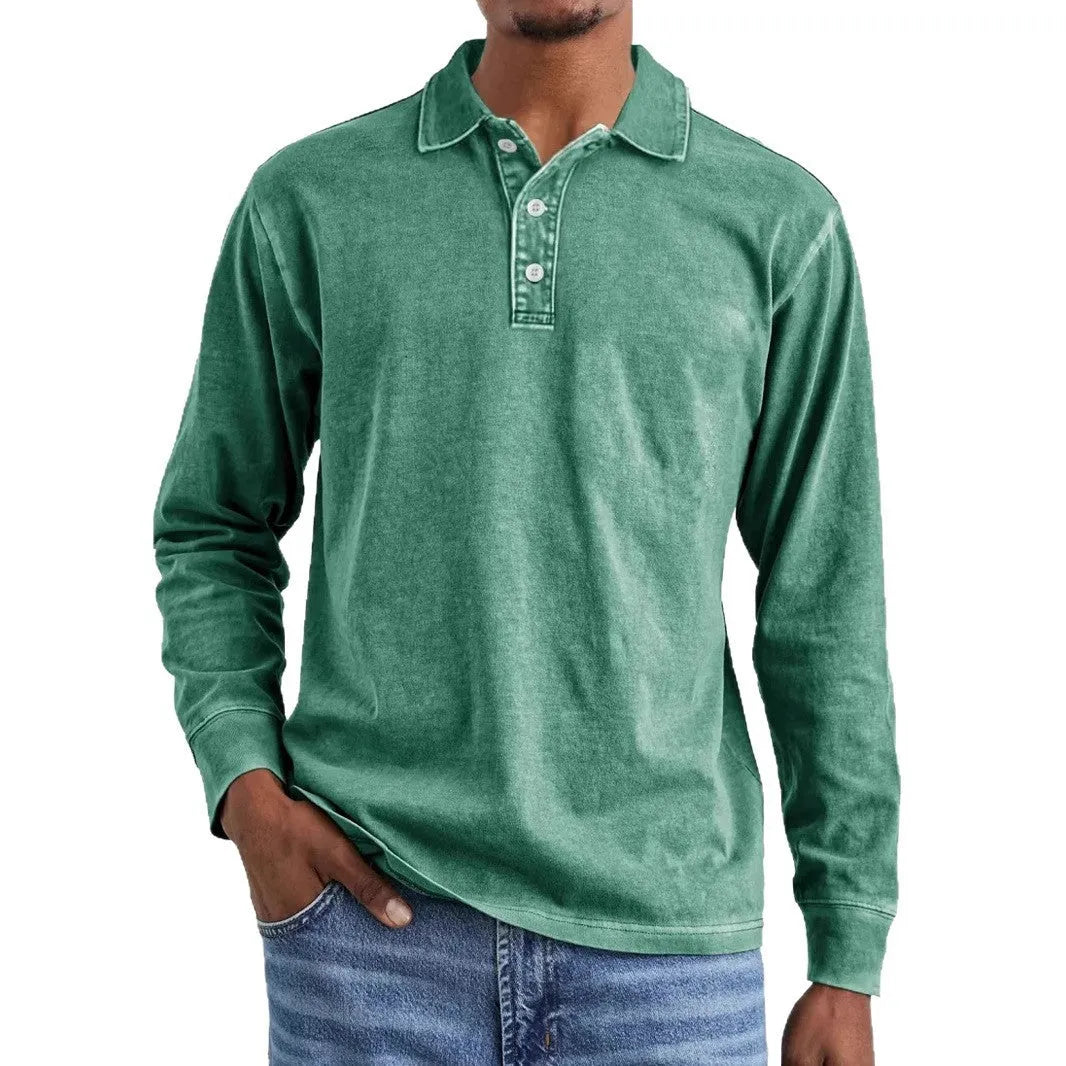 Retro style long sleeve polo shirt with lapel collar in washed, distressed cotton fabric.