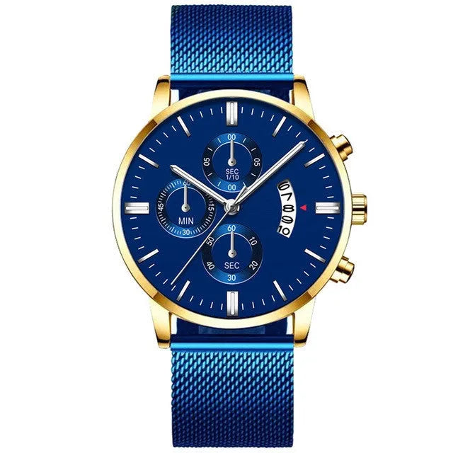 Men's stainless steel business watch with mesh band and analogue display in multiple colour options