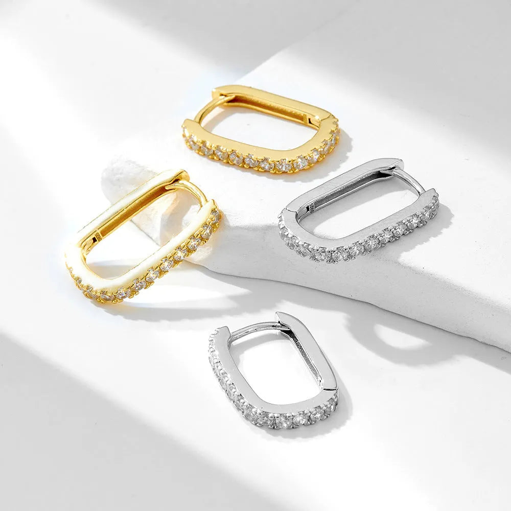 S925 sterling silver oval geometric earrings with zircon stones in ear clip design