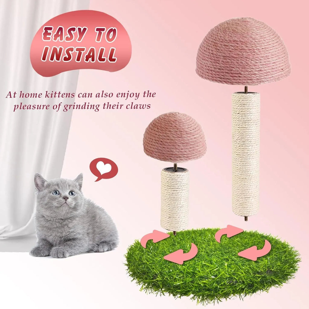 Pink mushroom-shaped cat scratching post with sisal caps for kittens and small cats