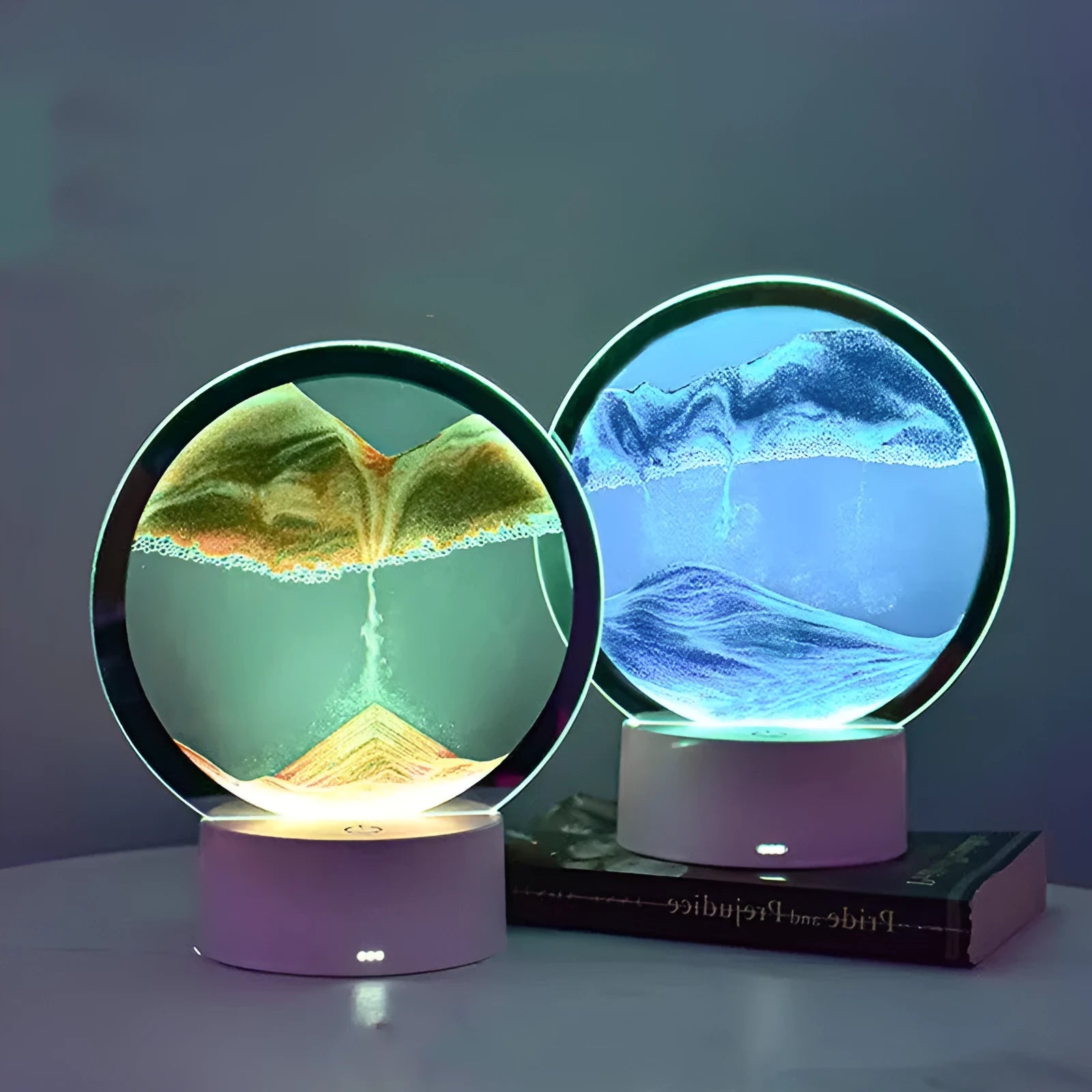 Creative 3D quicksand table lamp with glass shade and touch USB control, showing blue light colour