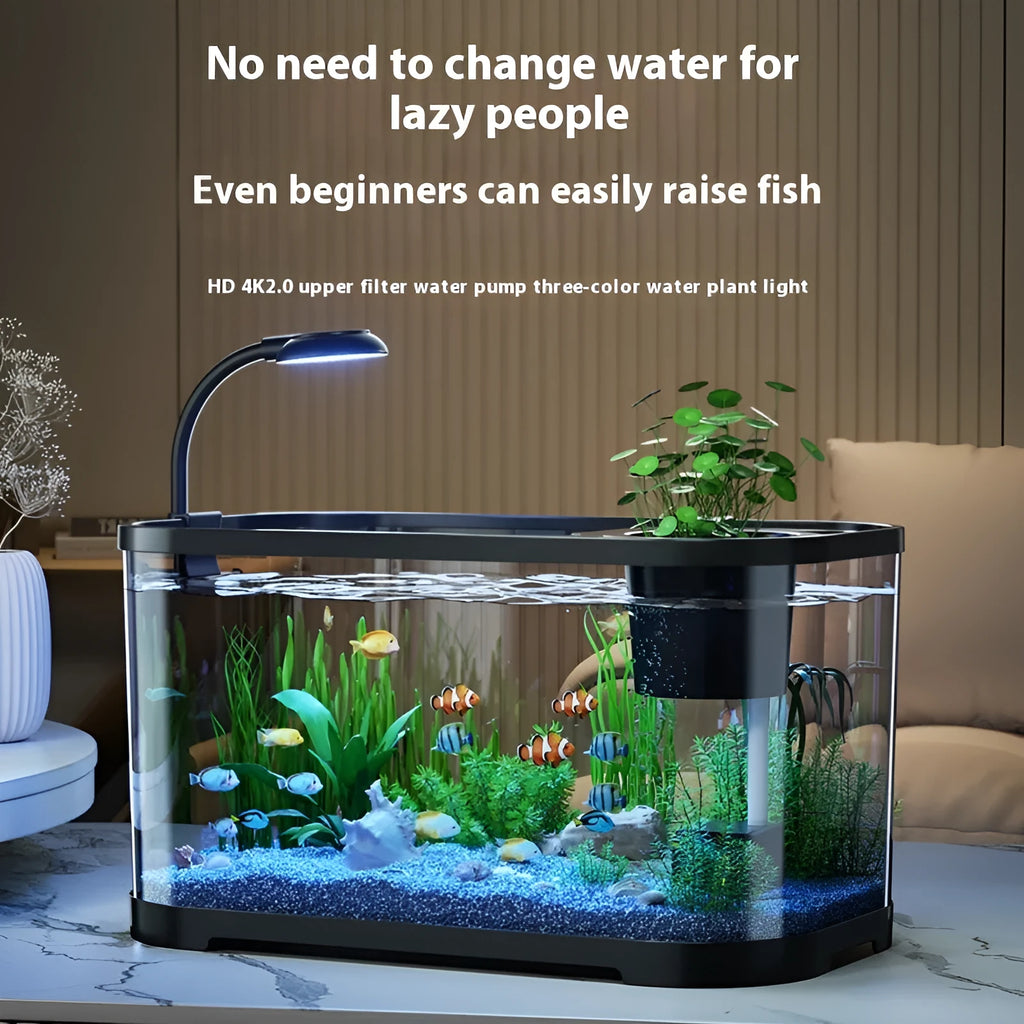 Desktop smart fish tank with integrated ecological filter system in luxury white or black colour