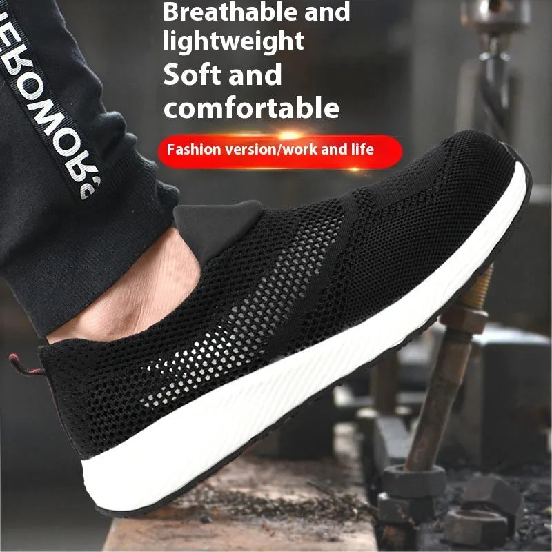 Men's lightweight anti-smash anti-puncture steel toe work shoes in black with mesh upper low-top design