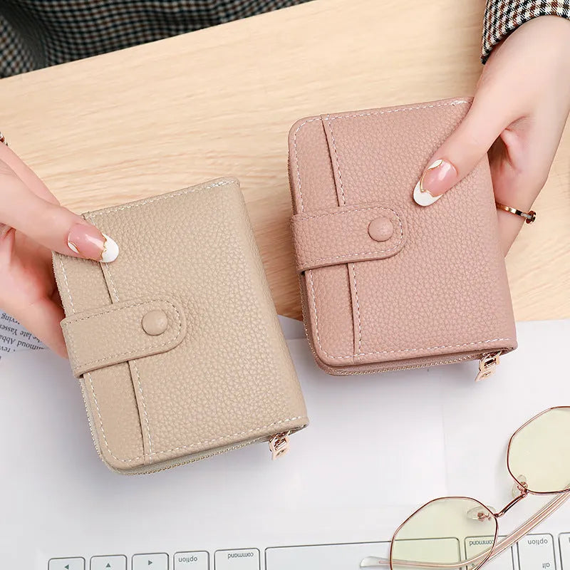 Lychee pattern ladies short wallet in beige pink black red colours showing two-fold design