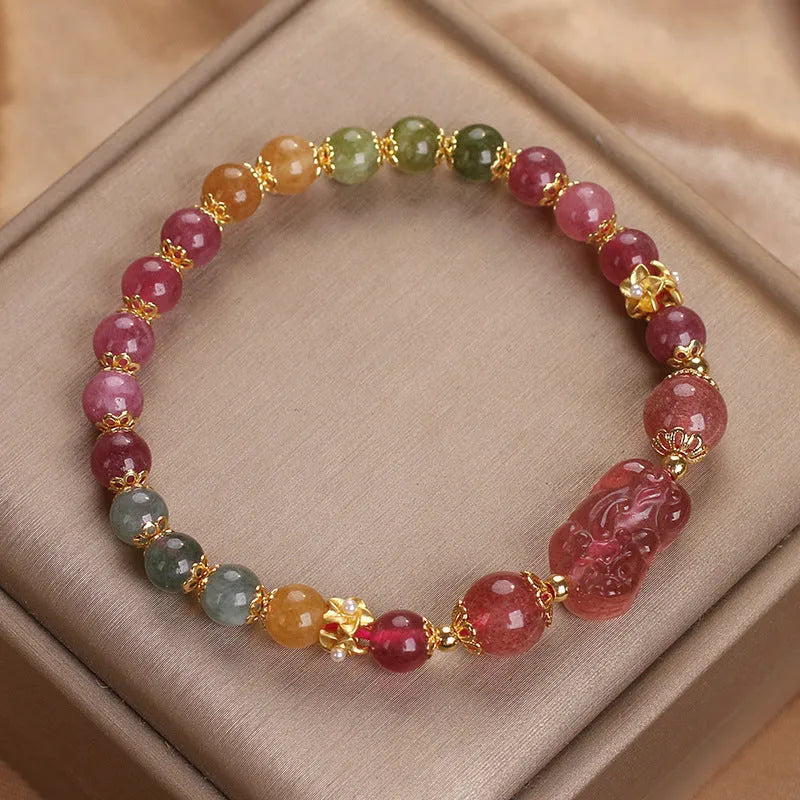 Candy color tourmaline strawberry quartz pi xiu bracelet 17cm women pink red crystal electroplating beads