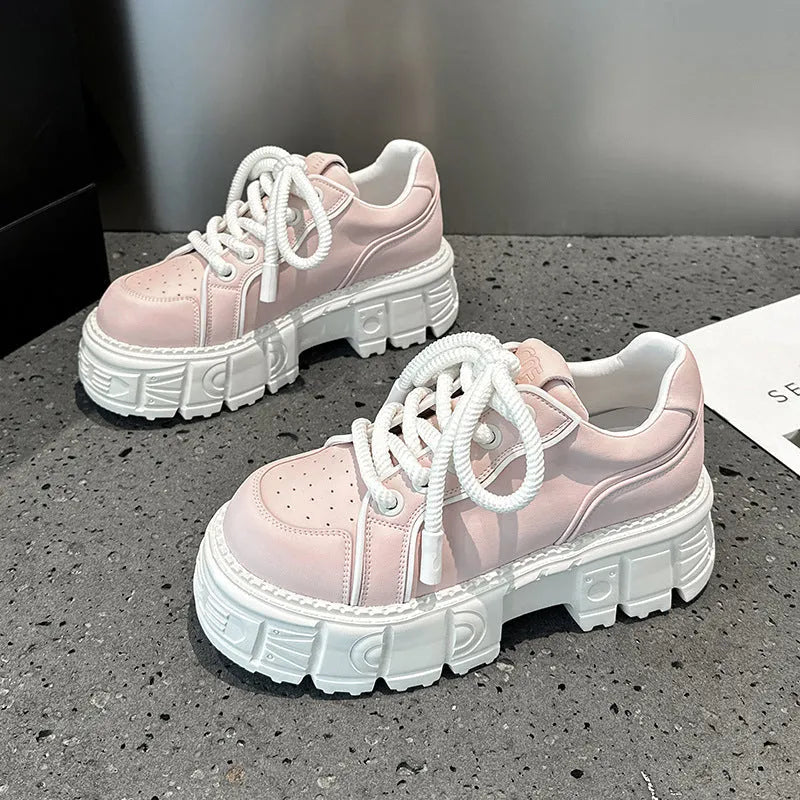 Beige and pink leather platform shoes with muffin bottom spring fashion styling