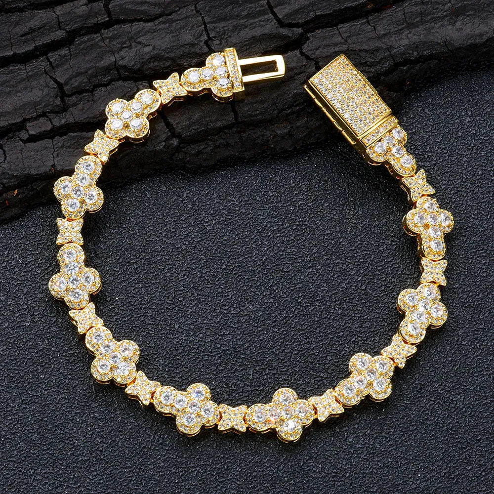 10mm cross XINGX hip hop copper bracelet with inlaid zircon, gold finish, on display