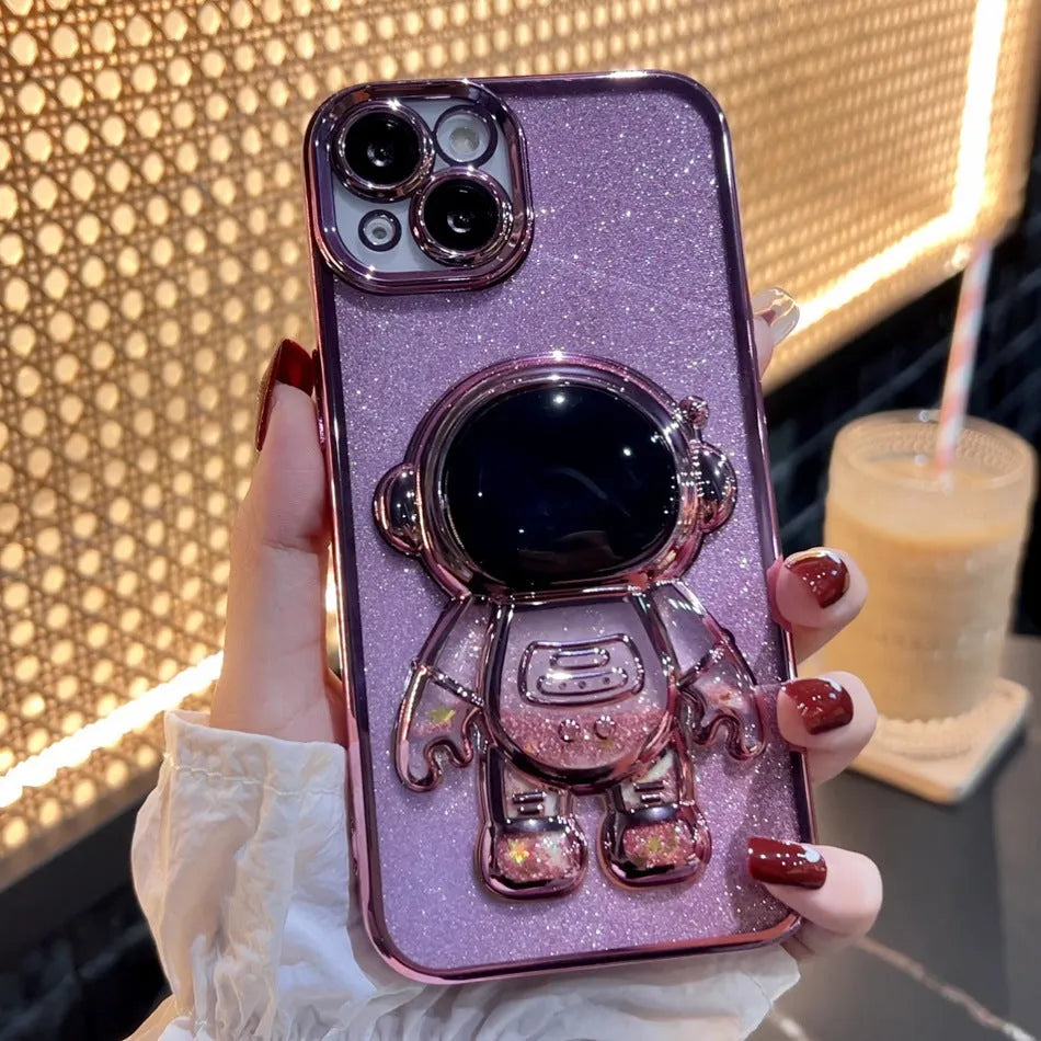 Astronaut spaceman quicksand phone case with electroplated finish and glitter powder for iPhone