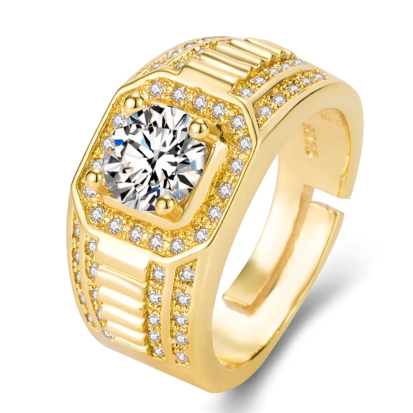 Men's adjustable square diamond ring in gold or platinum finish on copper base