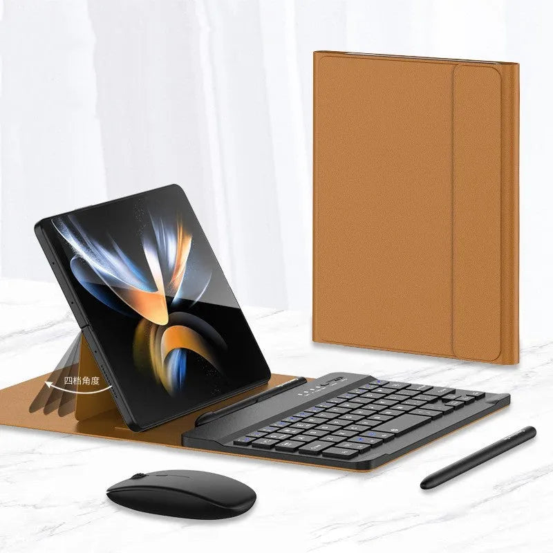 Wireless keyboard leather case for Samsung Fold with Bluetooth mouse and stylus holder anti-fall stand