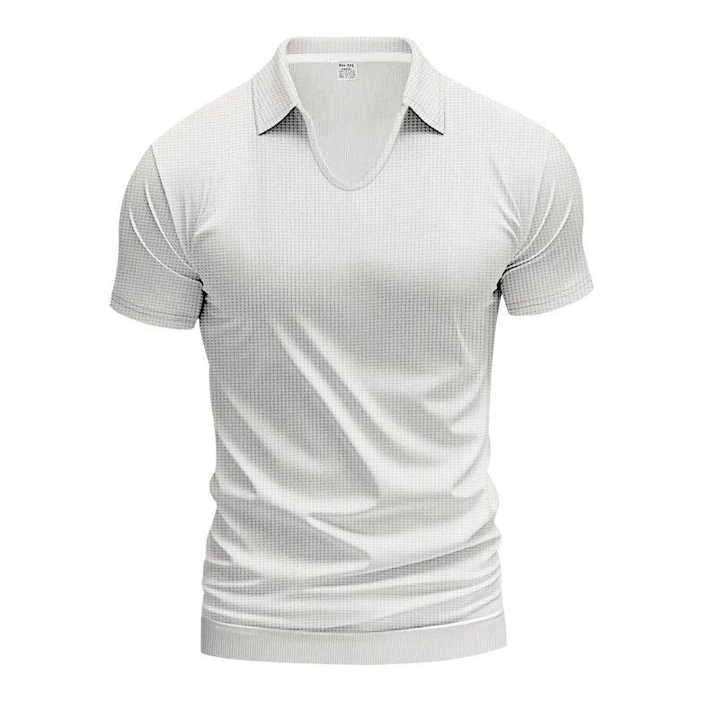 Men's loose fit V-neck short sleeve T-shirt in a light blue solid colour.