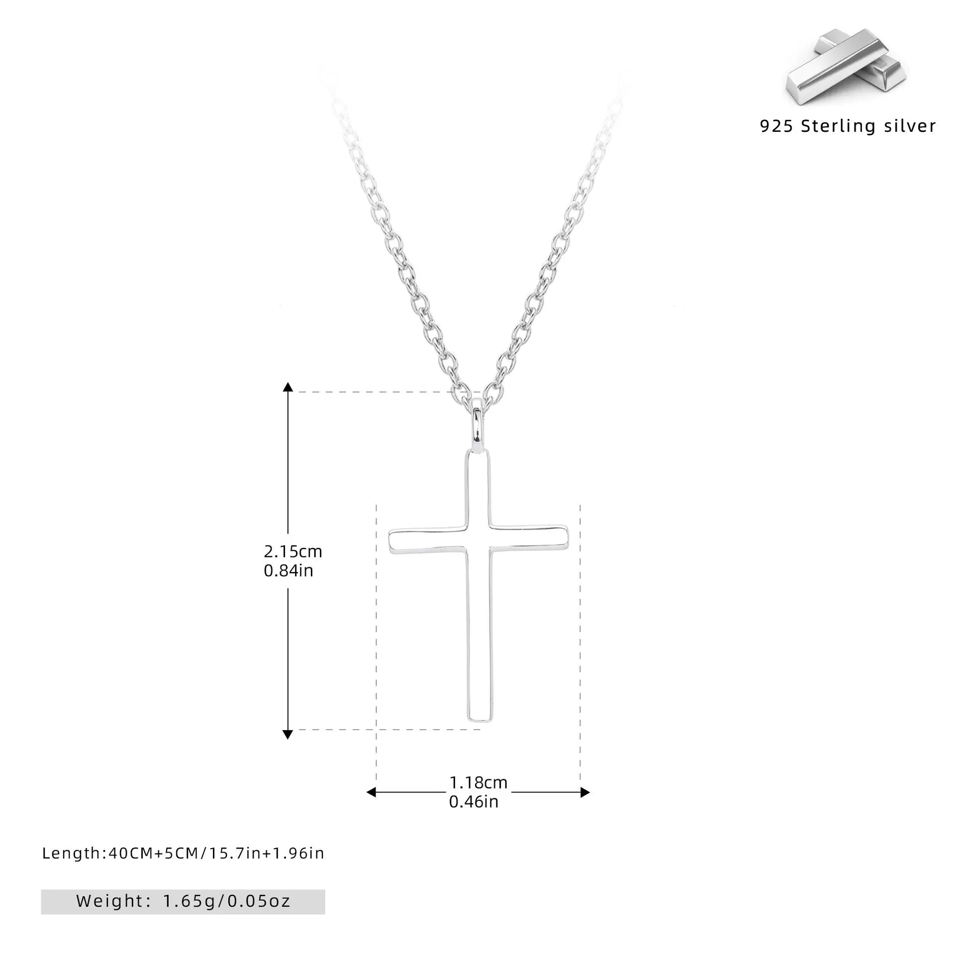 Simple glossy cross pendant on a sterling silver O-chain necklace.