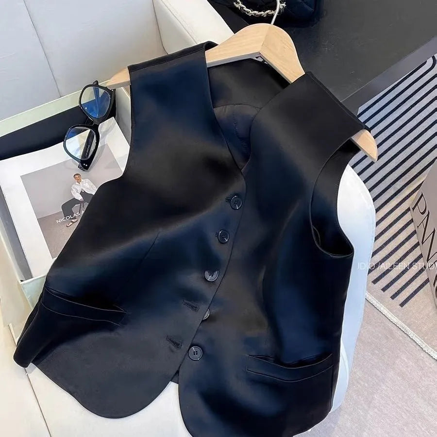 Black satin sleeveless vest for women on a hanger, showing loose fit and V-neck.