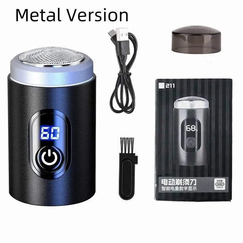 Black mini USB rechargeable electric shaver with cleaning brush and protective cover