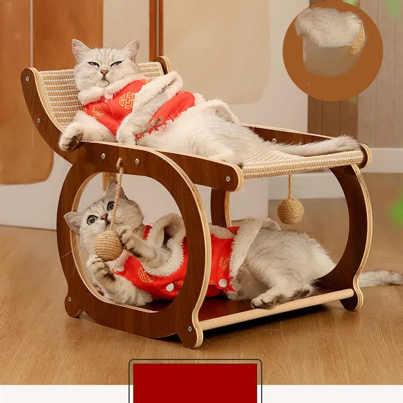 Solid wood cat scratcher bed mat with sisal surface in walnut colour option