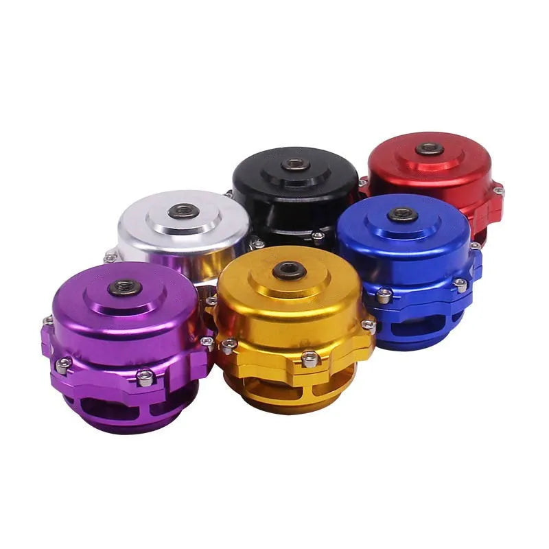 Universal aluminium alloy blow-off valve for turbo protection, 50mm, shown in multiple colours.