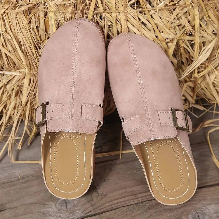 Women's lightweight casual wedge closed toe slippers, cloth upper, rubber sole, light brown colour