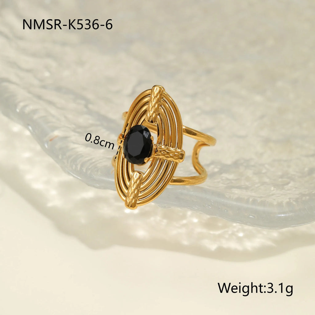 Adjustable open mouth ring with geometric design and zircon stones on stainless steel band