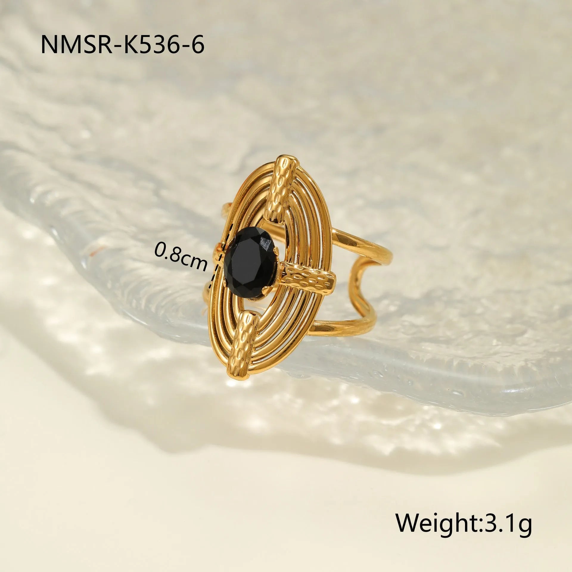 Adjustable open mouth ring with geometric design and zircon stones on stainless steel band