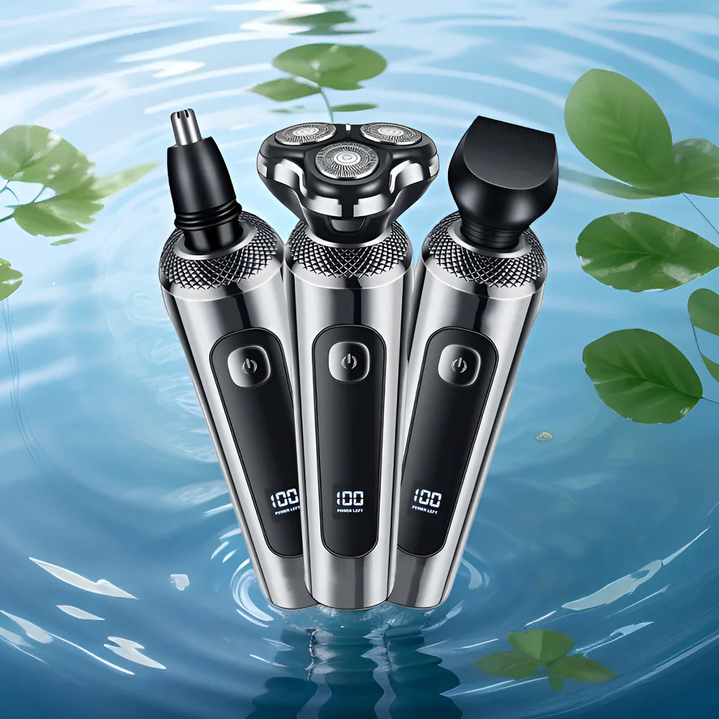 Digital display USB rechargeable beard trimmer with washable floating head on its five-in-one storage bracket.