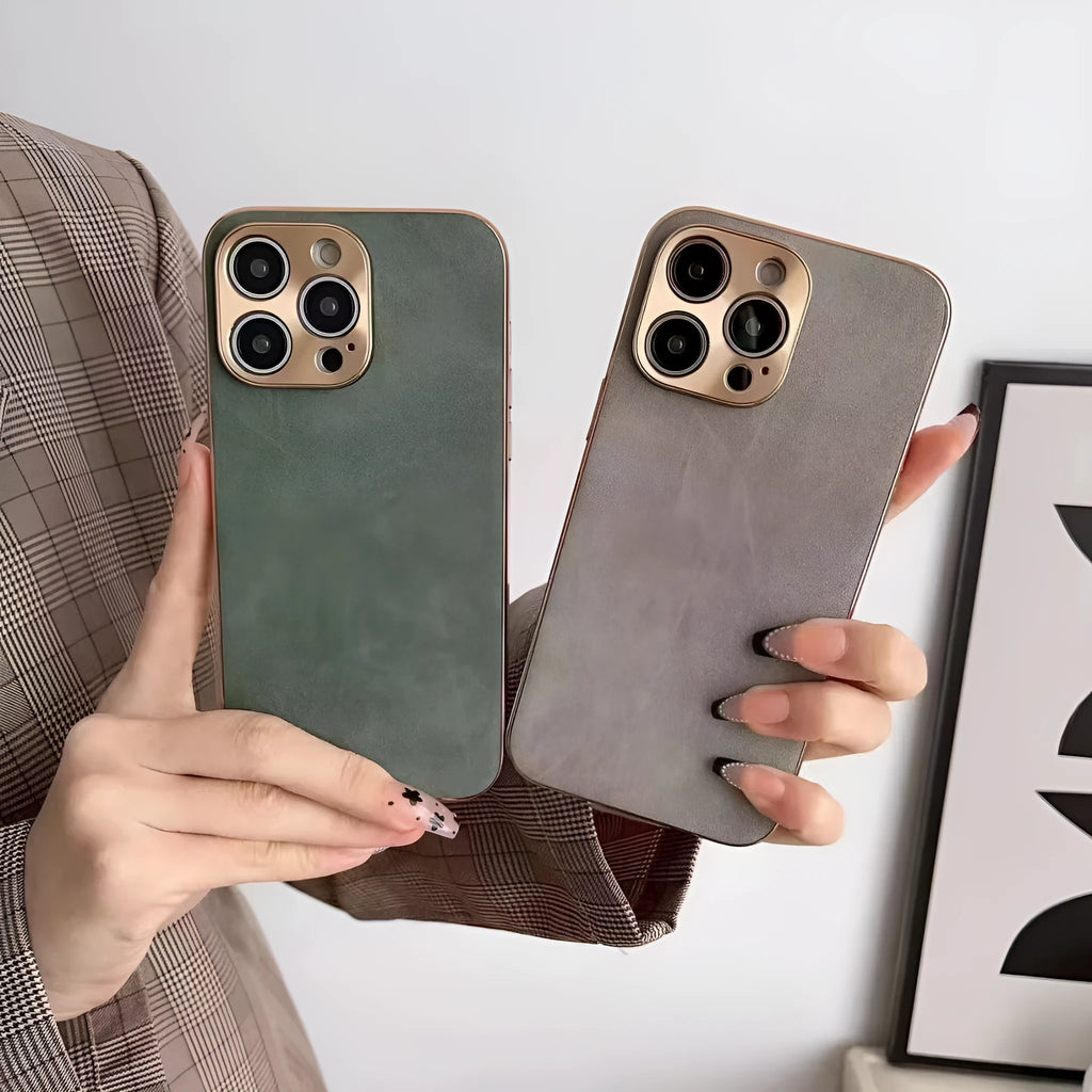 Leather texture TPU phone case for iPhone in grey, black, blue, and grey-green colours