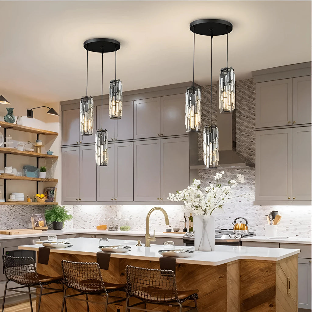 Industrial style LED crystal droplight in black finish with metal frame and crystal pendant detail