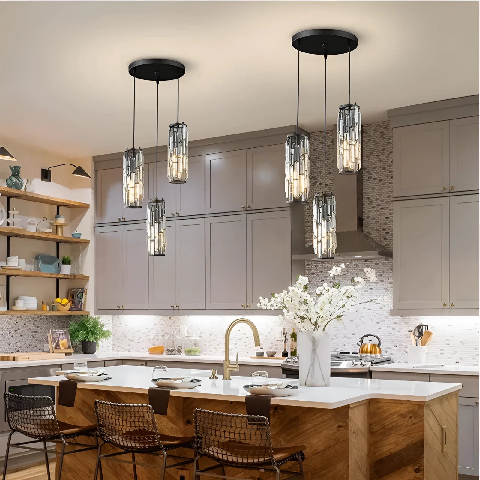 Industrial style LED crystal droplight in black finish with metal frame and crystal pendant detail