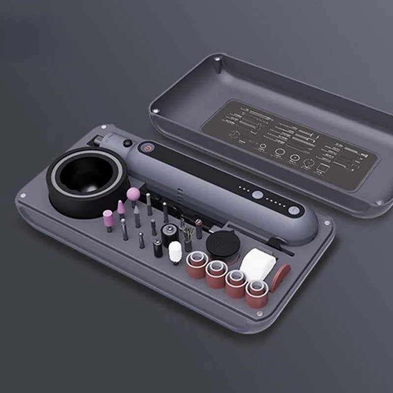 Mini electric grinder set with lithium battery and five-speed control for carving and polishing.