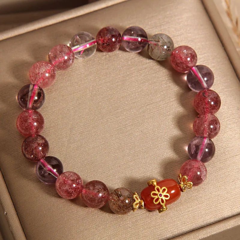 Natural Super Seven crystal bracelet for women, red agate colour, fresh sweet cartoon style