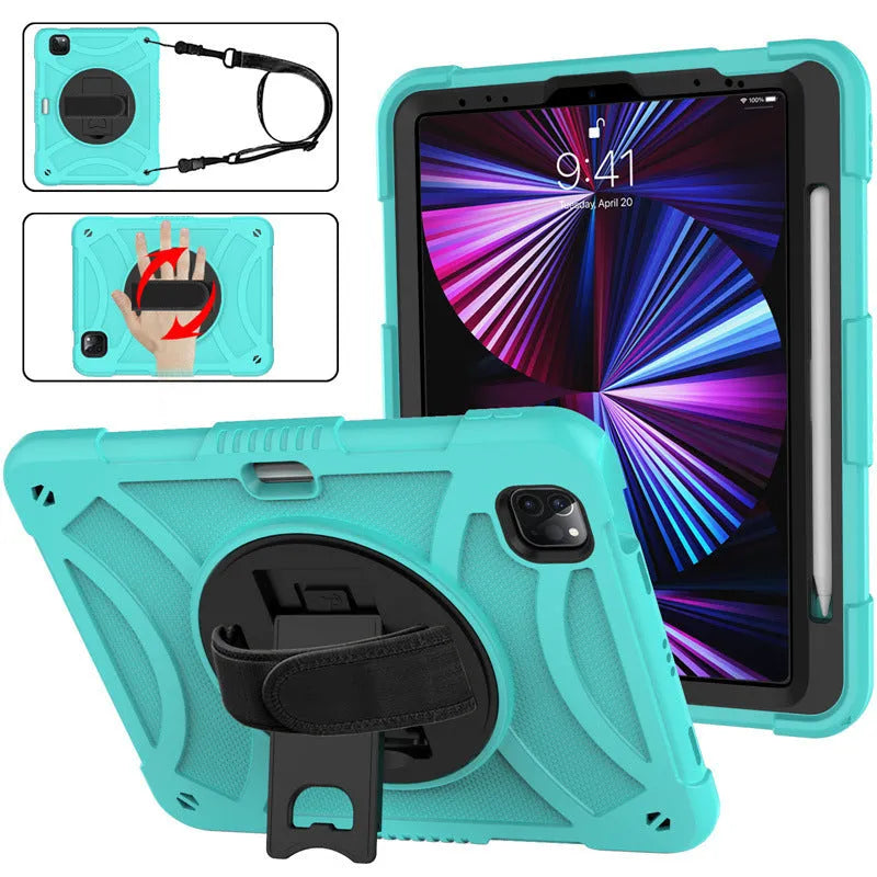 Silicone iPad protective case with a built-in rotating kickstand bracket and a magnetic carrying strap.