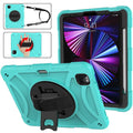 Silicone iPad protective case with a built-in rotating kickstand bracket and a magnetic carrying strap.