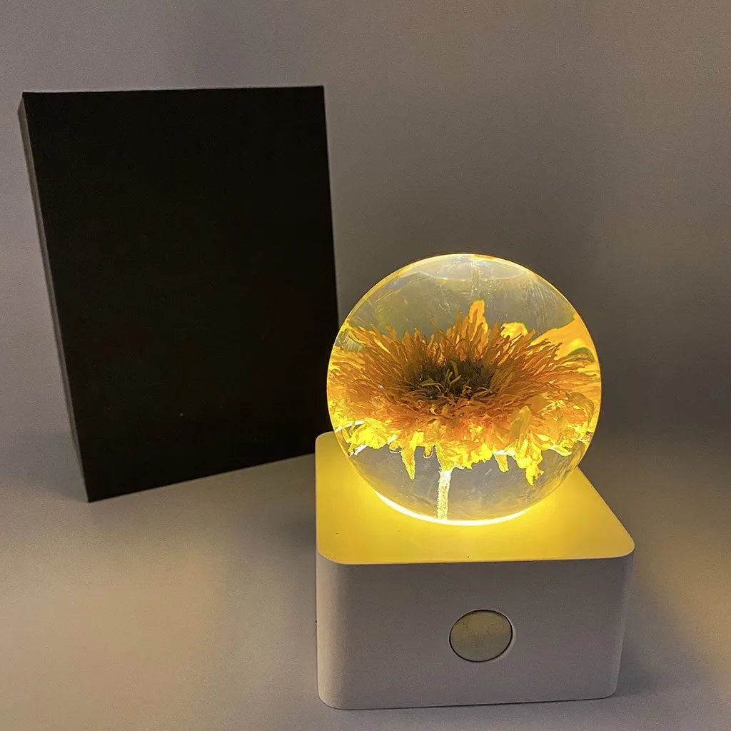 Dandelion and sunflower specimen 8cm USB night light on a desk