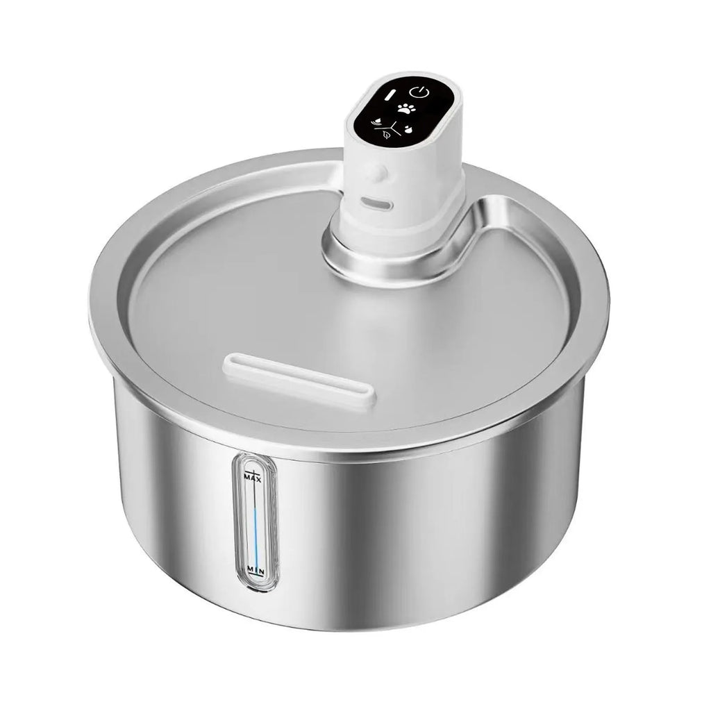 Black and white stainless steel pet water fountain with temperature control base