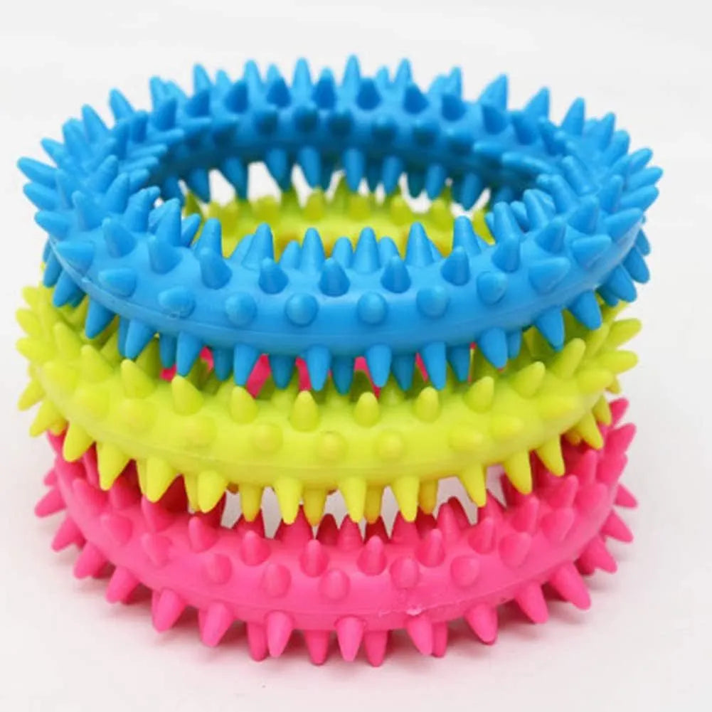 Spiky TPR circle ring dog chew toy in blue for teeth cleaning and bite training