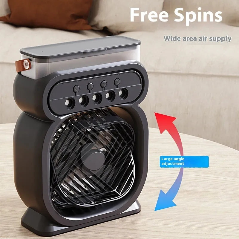 3 in 1 portable evaporative air cooler with LED night lights and USB cable on desk