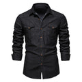 Men's long-sleeved slim fit cotton denim shirt in solid colour available in Black, Light blue, Medium blue, Tibetan Blue