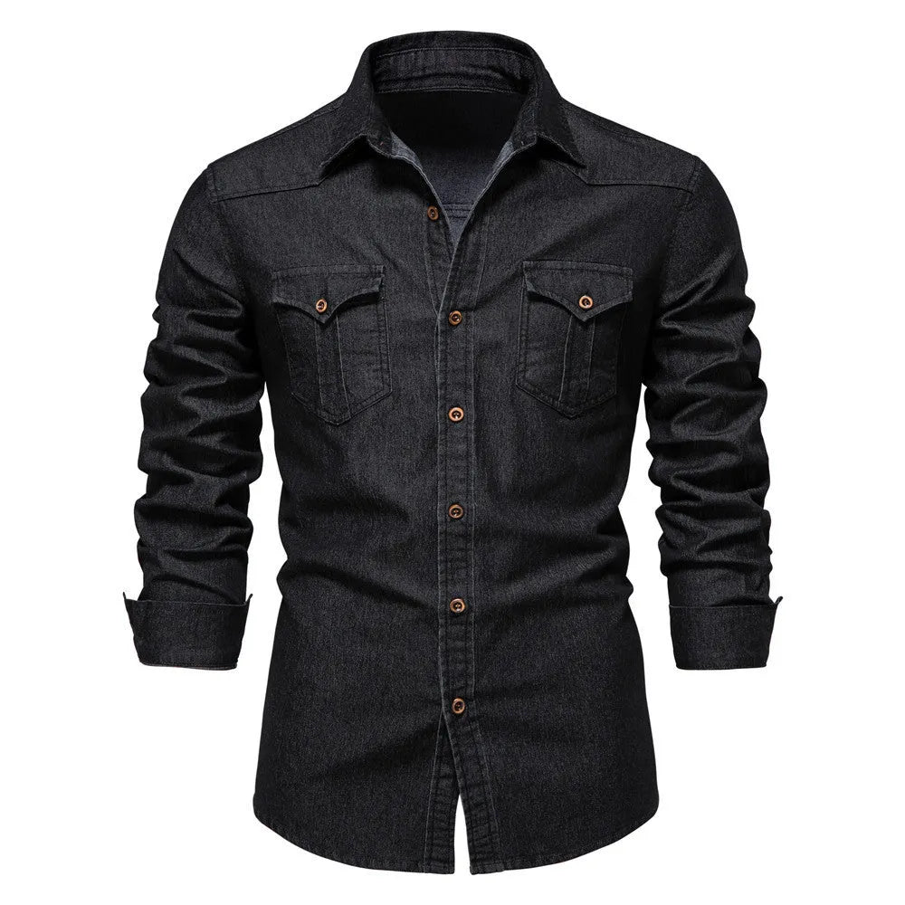 Men's long-sleeved slim fit cotton denim shirt in solid colour available in Black, Light blue, Medium blue, Tibetan Blue
