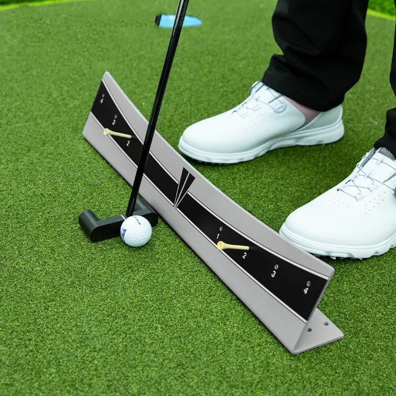 Golf putter trajectory balance simulator with adjustable push rod balancer on a floor