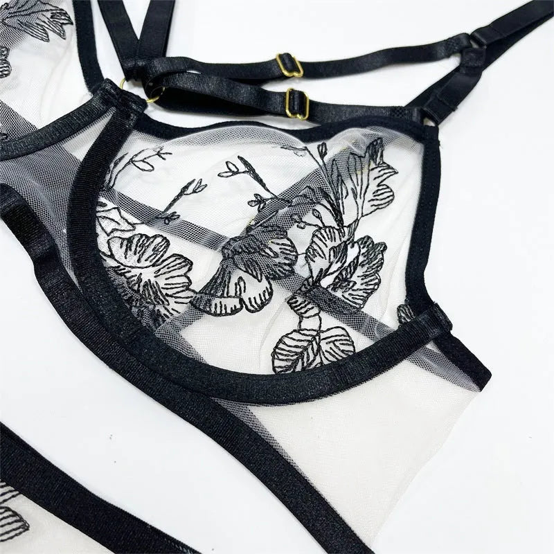 Black lace mesh three-piece set for women with floral print, showing top, trousers, and waist ring.