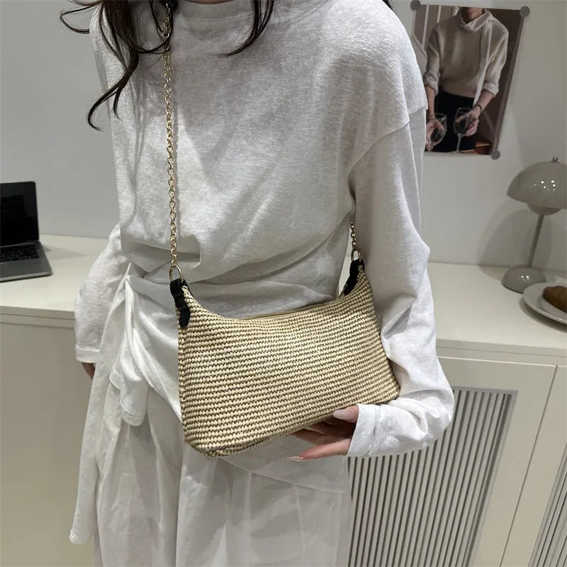 Straw woven beach shoulder tote bag in khaki with sandwich pocket and internal phone pocket