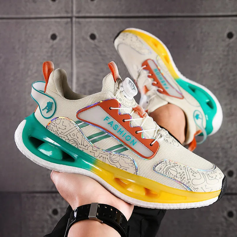 Men's low-top mesh sports shoes in solid colours with elastic band closure and a textured popcorn TPU sole.