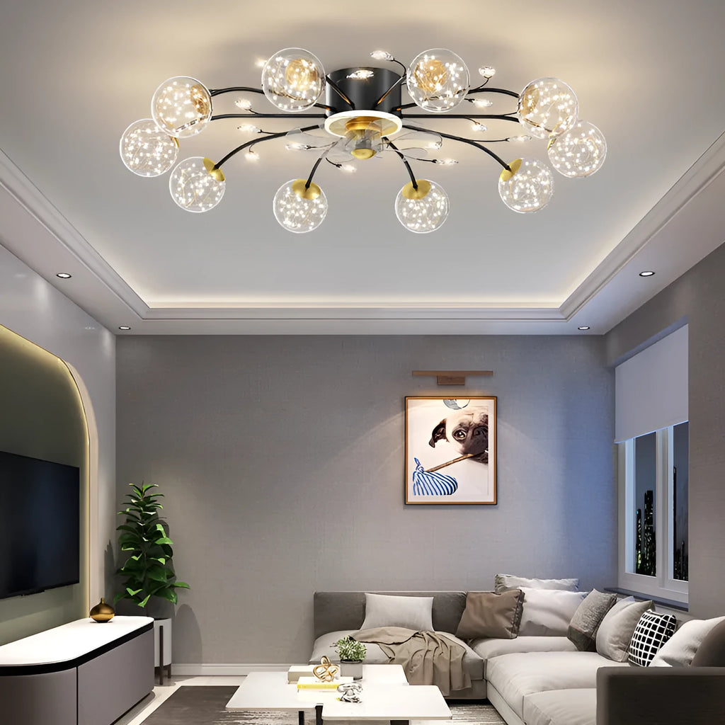 New Nordic Star Fan Lamp: modern ceiling fan with crystal light, iron frame, glass shades, 8-head model