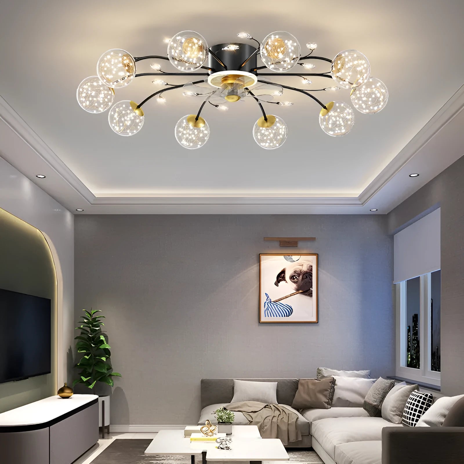 New Nordic Star Fan Lamp: modern ceiling fan with crystal light, iron frame, glass shades, 8-head model