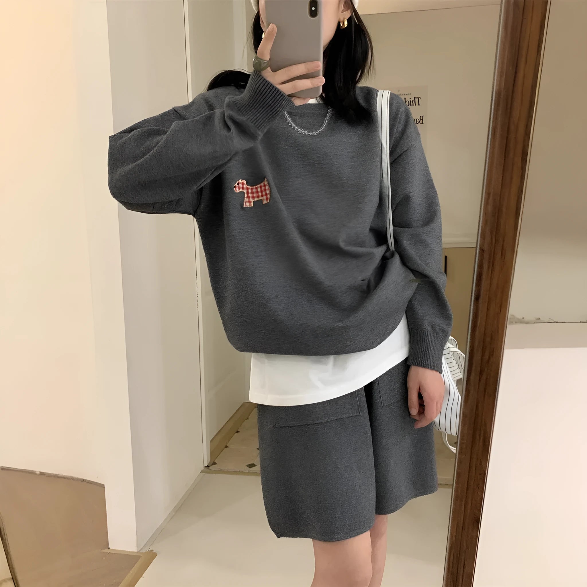 Women's milk blue knitted sweater and shorts set with animal embroidery pattern